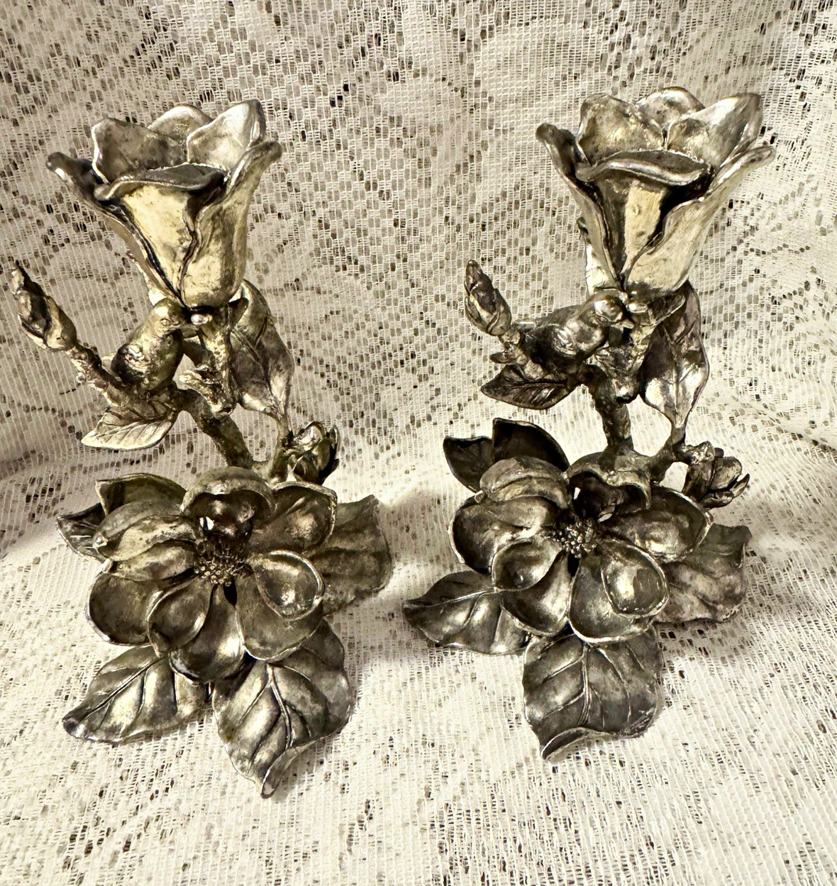 Vtg Arthur Court 2001 Magnolia Flower Bird CandleHolders Cast Aluminum Set of 2 Vtg Arthur Court 2001 Magnolia Flower Bird CandleHolders Cast Aluminum Set of 2