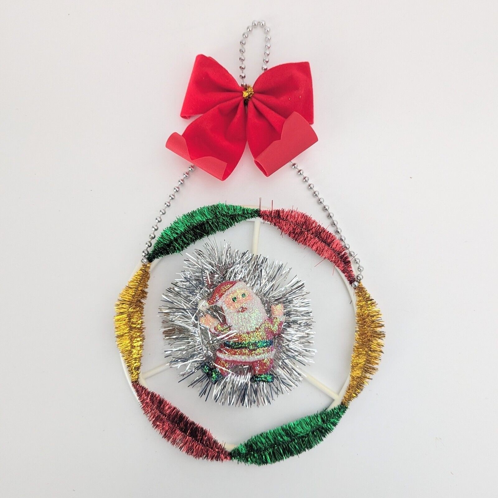 VTG Kitschy Christmas Wreath Glitter Santa Ornament Tinsel Velvet Bow 10.5\