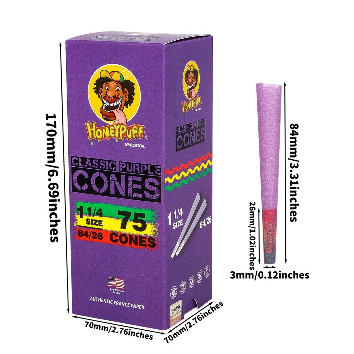 Honeypuff Pre-rolled Cones 1 1/4 Size 84 mm Purple Rolling Paper - 75 Pcs