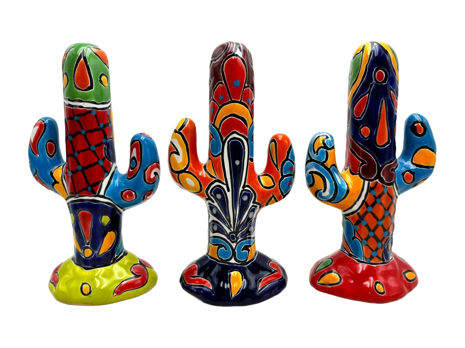 Talavera Cactus (3) Sculpture Folk Art Mexican Pottery Home Decor Multicolor 10\