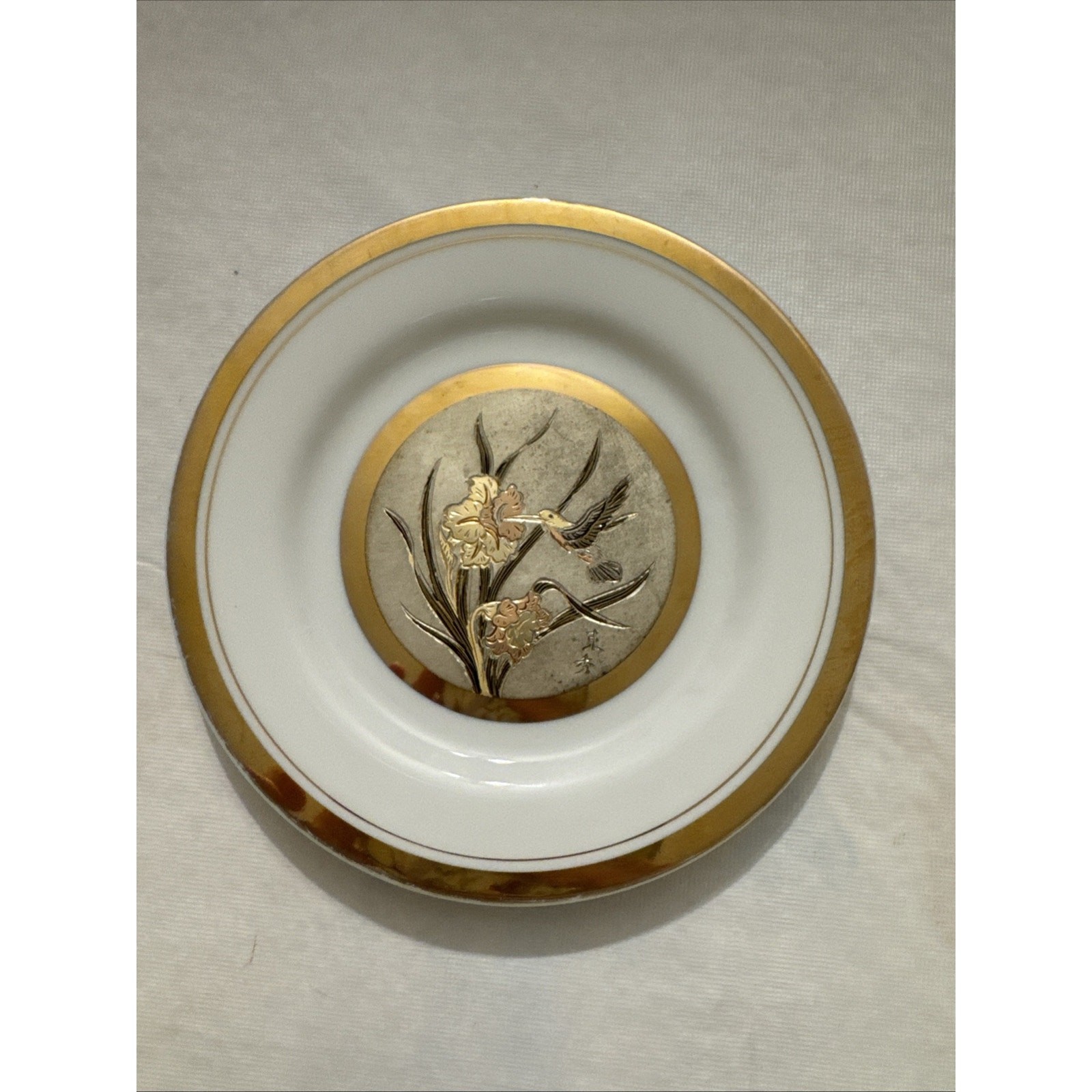 Vintage Japan Art Of Choking Porcelain Hummingbird Plate W24Kt Gold Silver