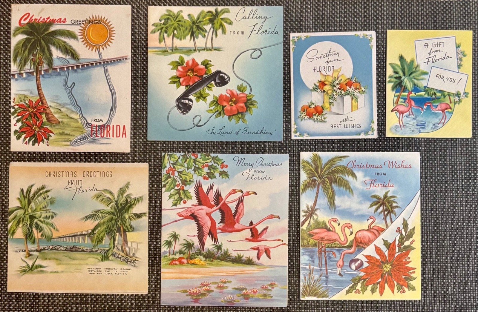 7 Vintage 1940s/1950s Florida Theme Christmas Greeting Cards