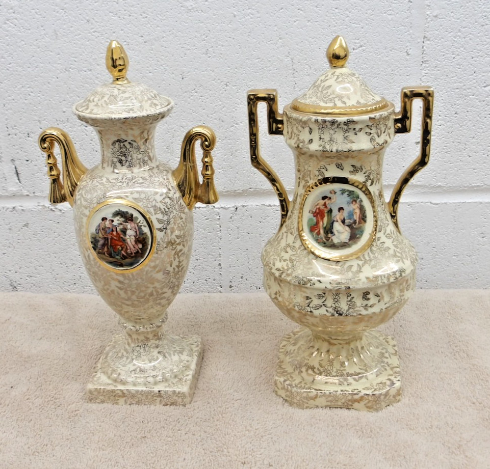 (2) Antique 1930s porcelain lidded urns with romantic scenes by Empire Works