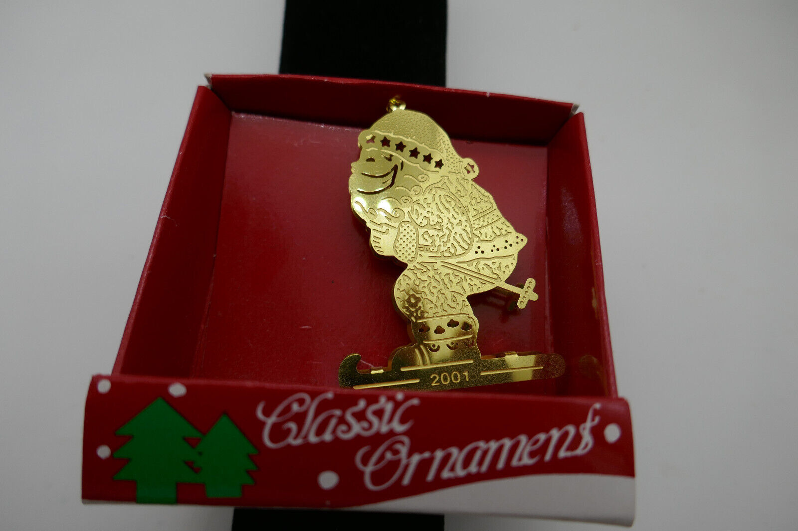 Solid Brass Santa Claus On Skis  Christmas Ornament 2001  New in Box