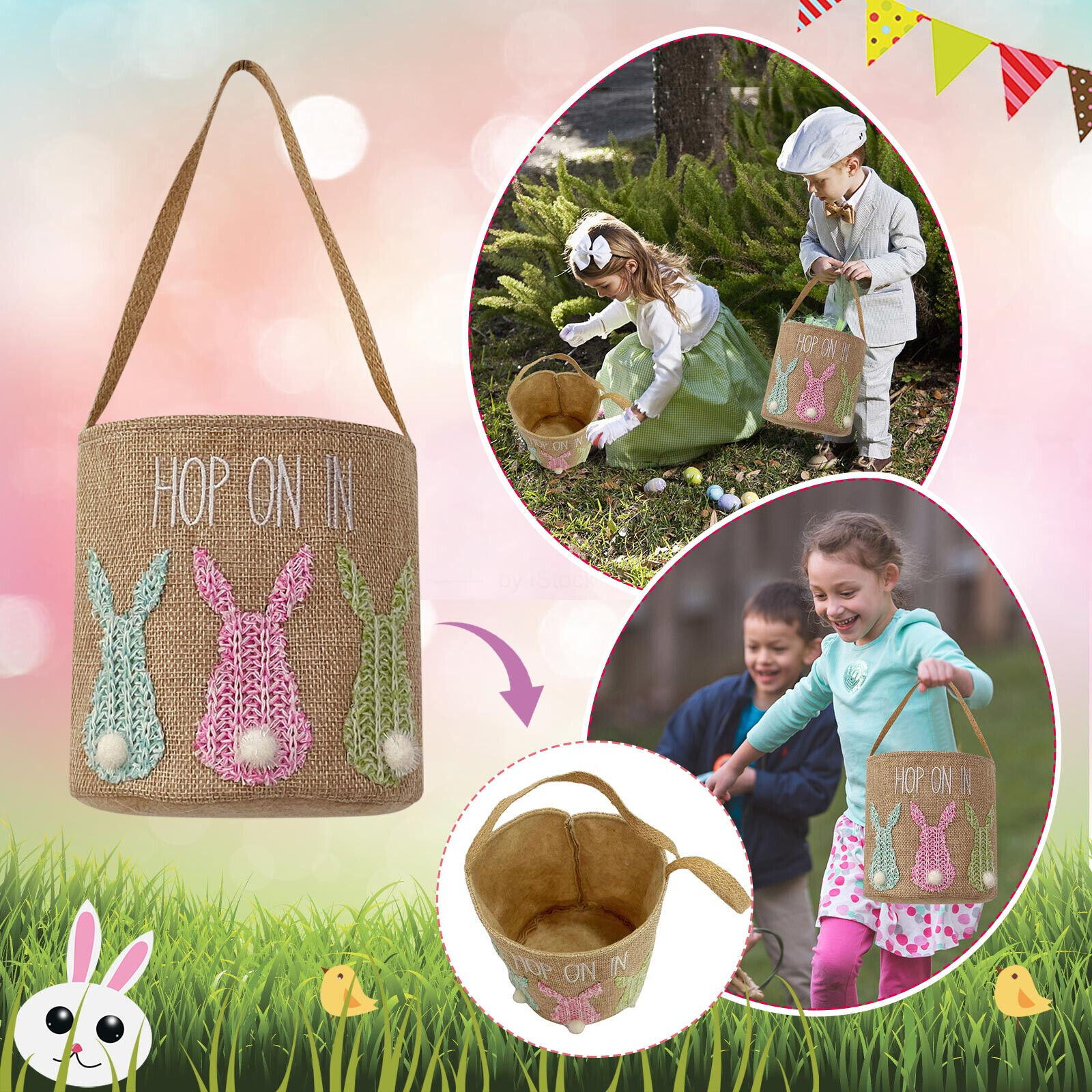 Non-woven Easter Basket Decoration Rabbit Bow Storage Basket Portable Bucket US