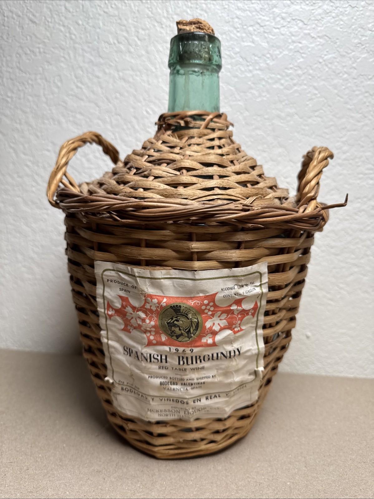 Vintage 1969 Spanish Burgundy Wicker Wrapped Wine Bottle Demijohn Viresa Glass