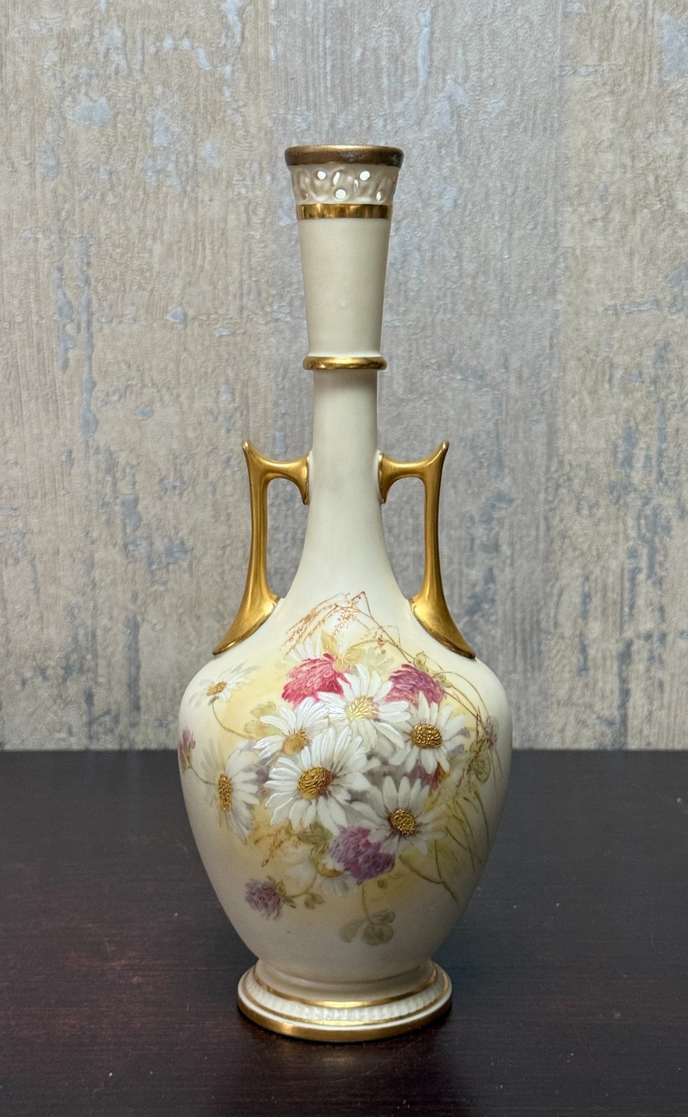 Ant Royal Worcester Hand Painted Floral Vase #850 Gilt Handles Reticulated Rim