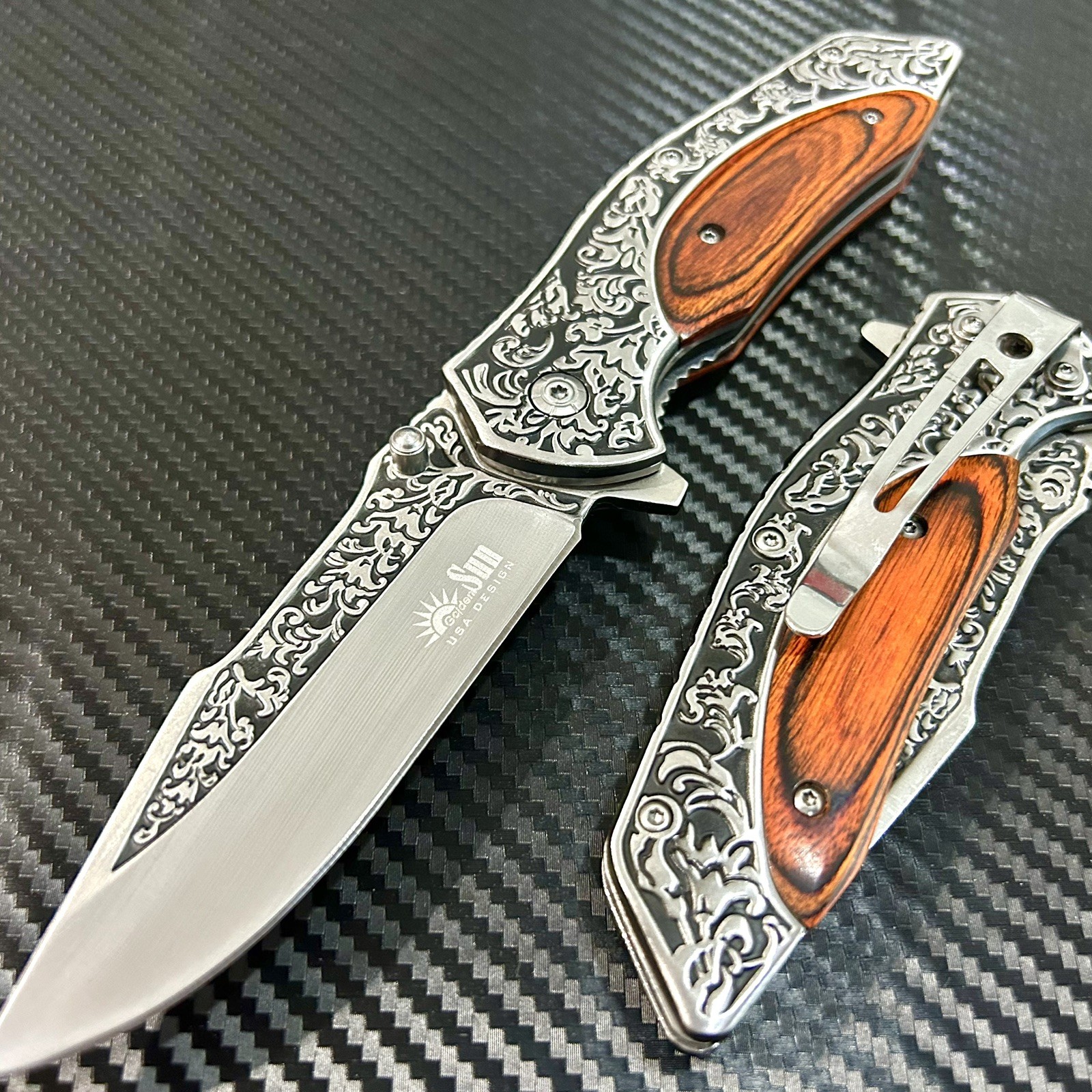 9” Red Wood Flower Military Tactical Spring Assisted Open Folding Pocket Knife