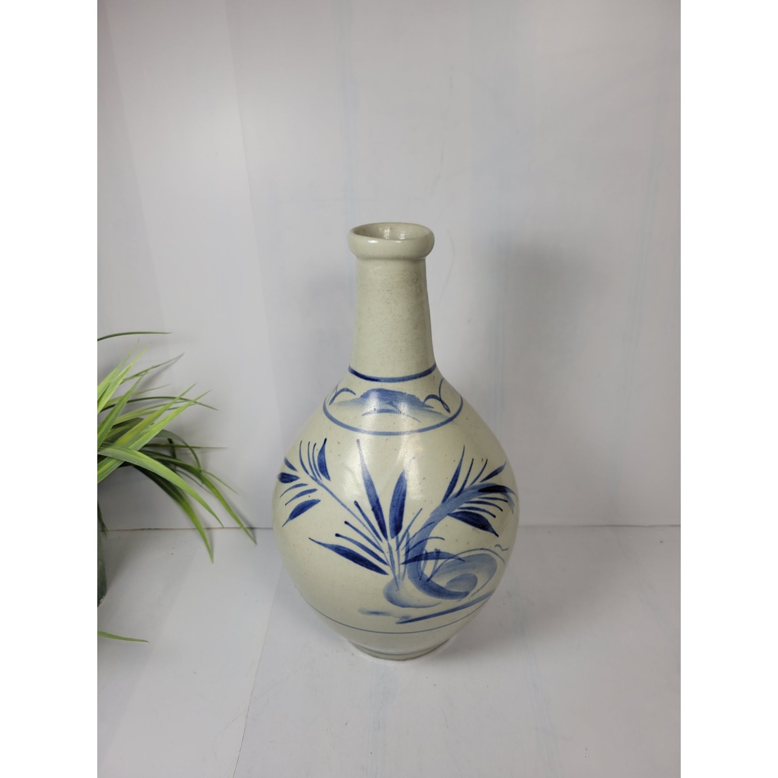 Antique Japanese Stoneware Tokkuri Sake Bottle Blue White Folk Art Mingei Vase