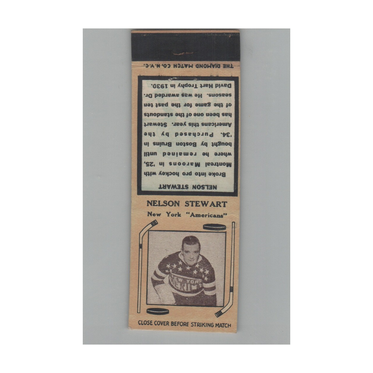 Matchbook Cover Nelson Stewart 1930s Hockey Hall Of Famer New York Americans