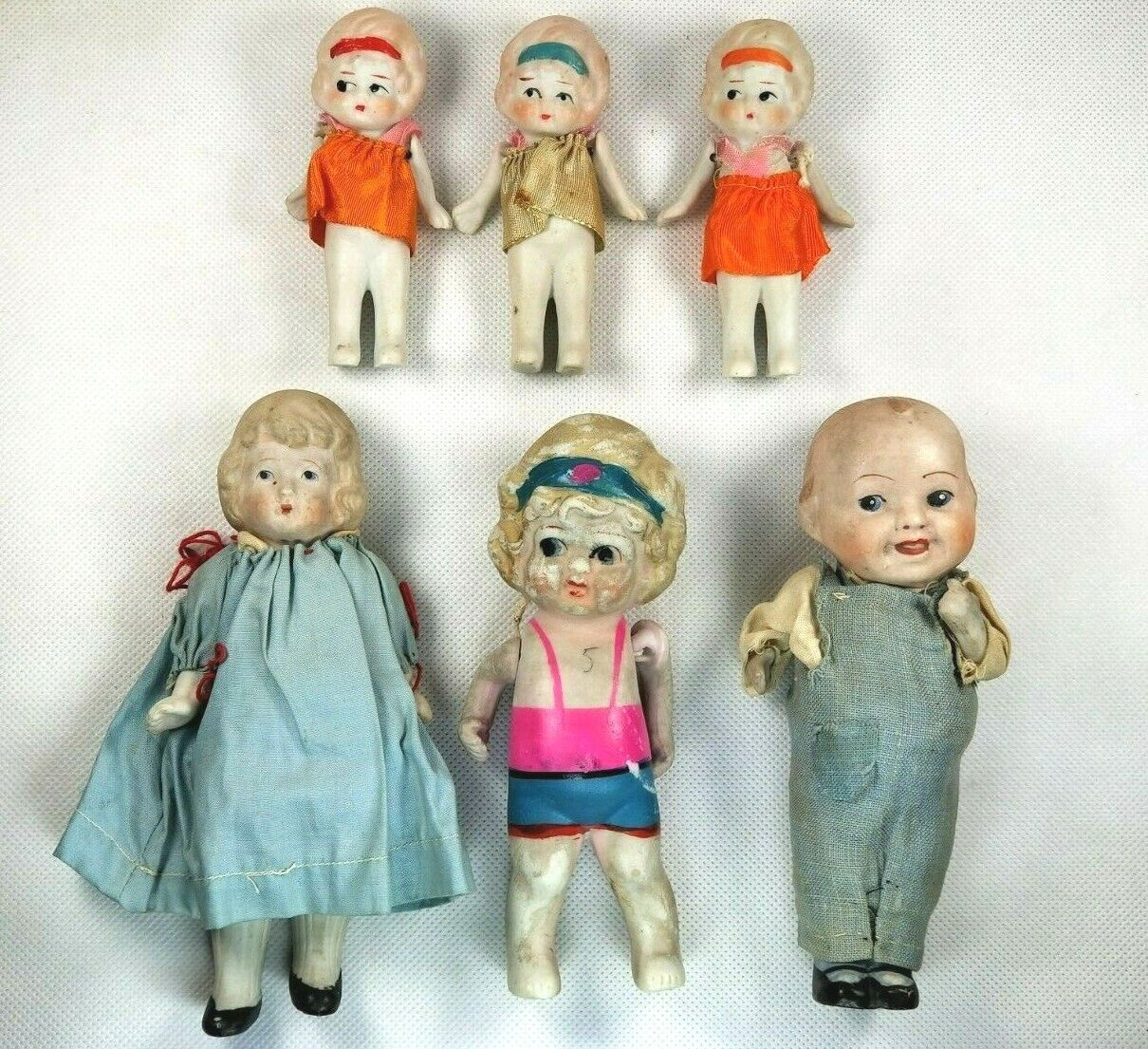 Very Fine Lot of 6 Miniature Japan made Bisque Dolls in Dress Circa 1930's
