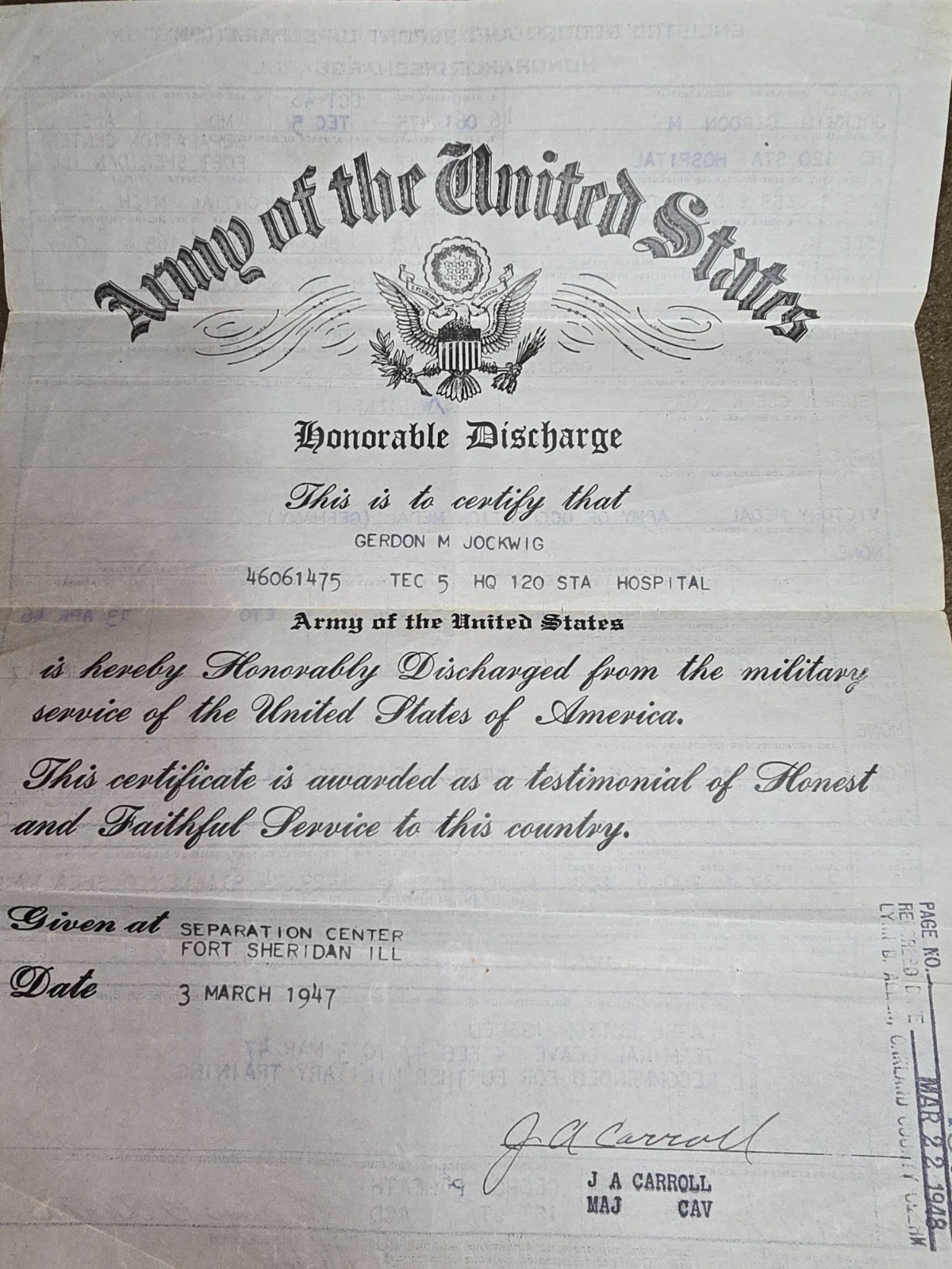 WWII and Post WWII Honorable Discharge Certificates Named to Jockwig