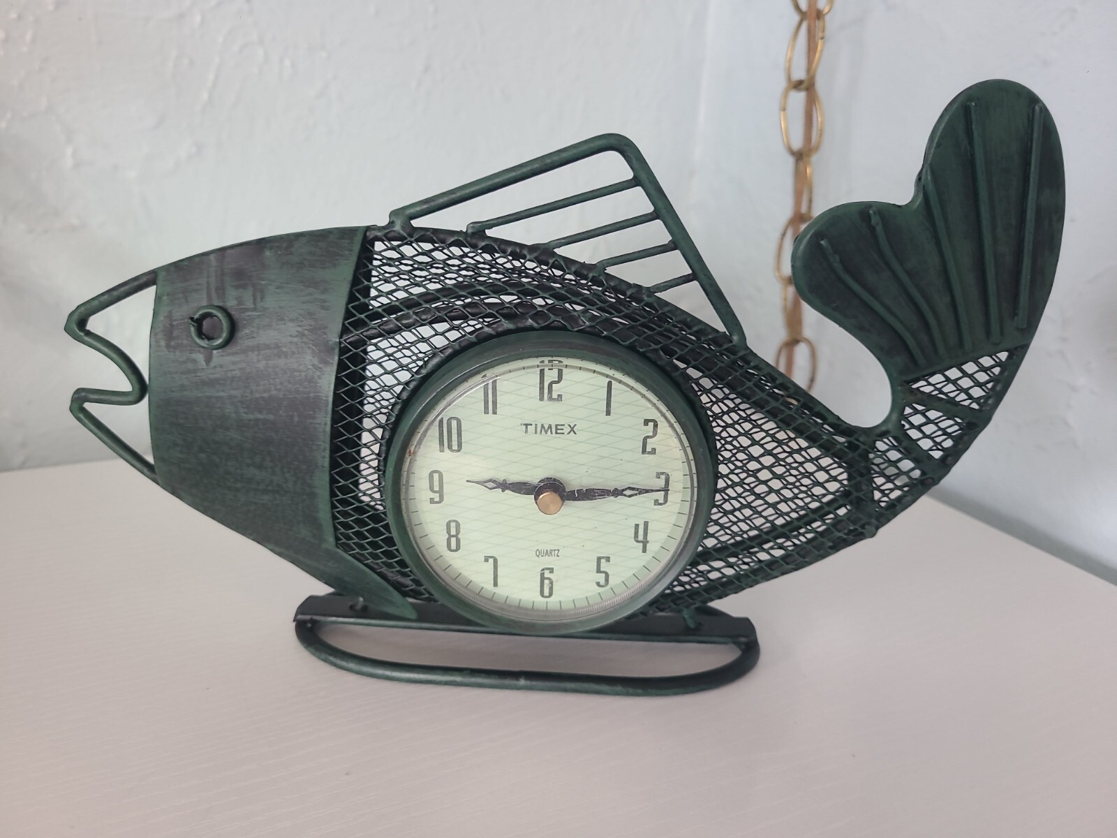 Vintage Timex Metal Wired Green Fish Quartz Stand Up Mantle Novelty Clock- Works