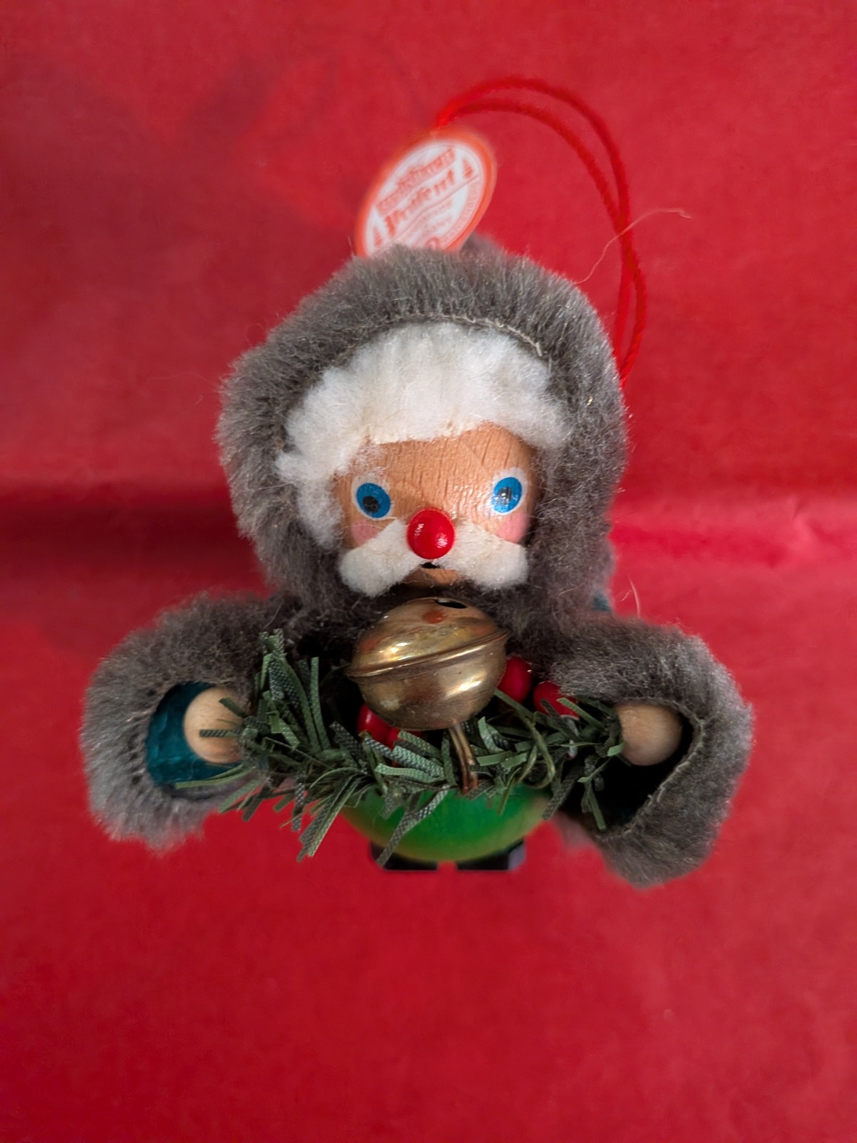 Vintage Steinbach German Wooden Ornament Father Christmas Fur Hood Bell Tag