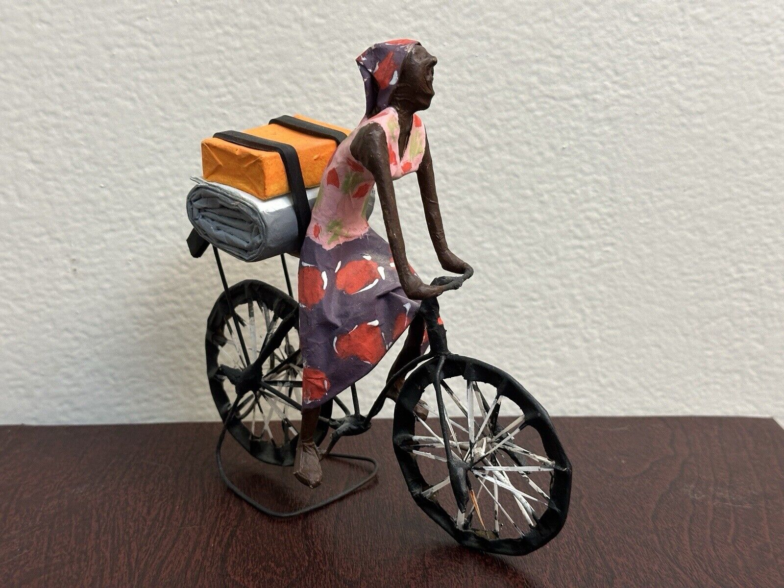 VTG Folk Art Paper-Mache & Wire Figurine Sculpture Woman On Bicycle Handmade