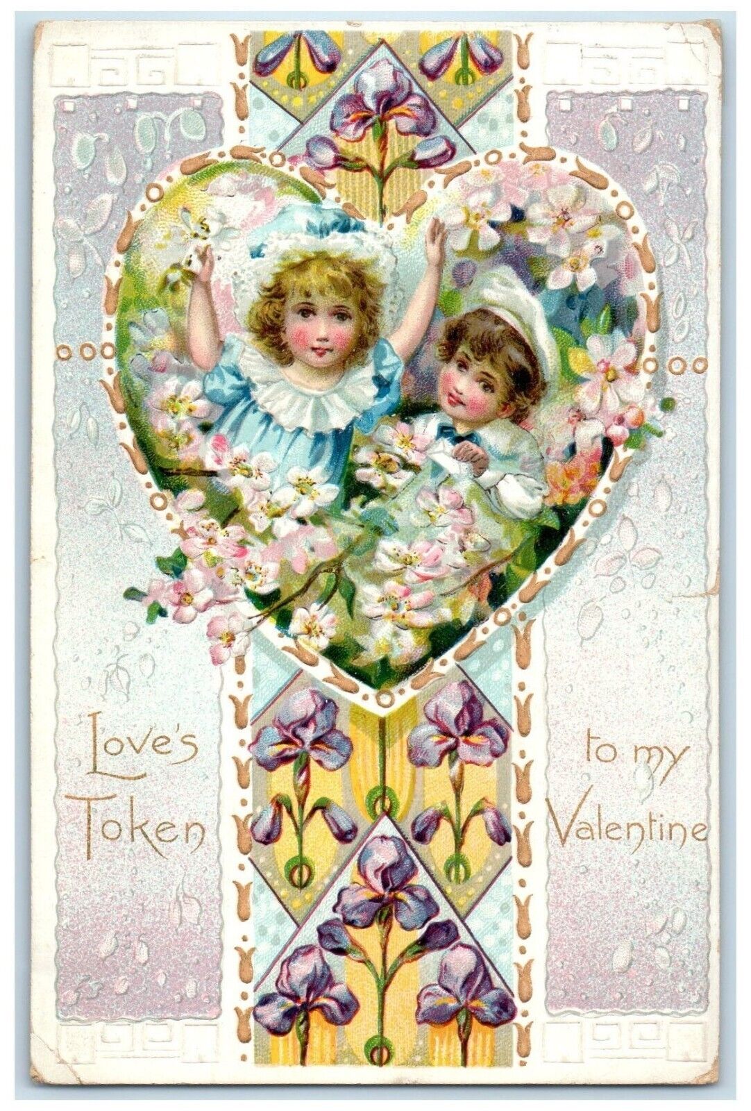 1908 Valentine Heart Girls Flower Embossed Tuck's Perham Minnesota MNPostcard