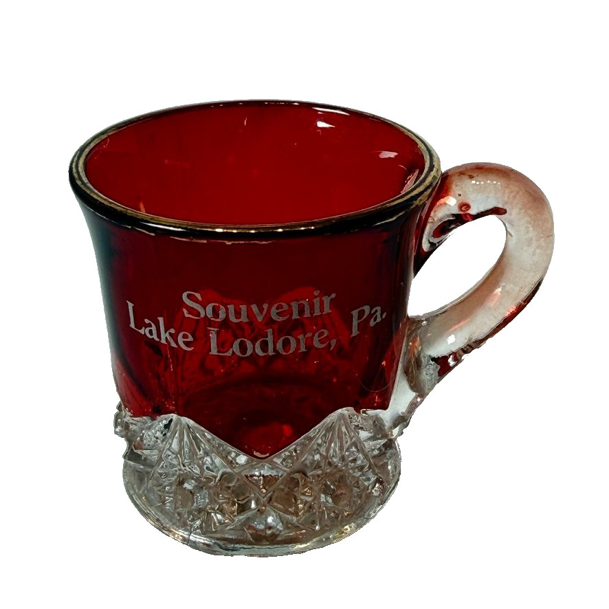 LAKE LODORE PA Pennsylvania Ruby Red Flash Souvenir Glass TRINKET CUP MUG