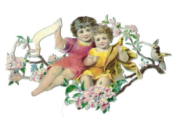 1888 Chromo decoupis, FANTASY Cherry Blossom CHERUBS , Antique Die-Cut Scrap, 4.