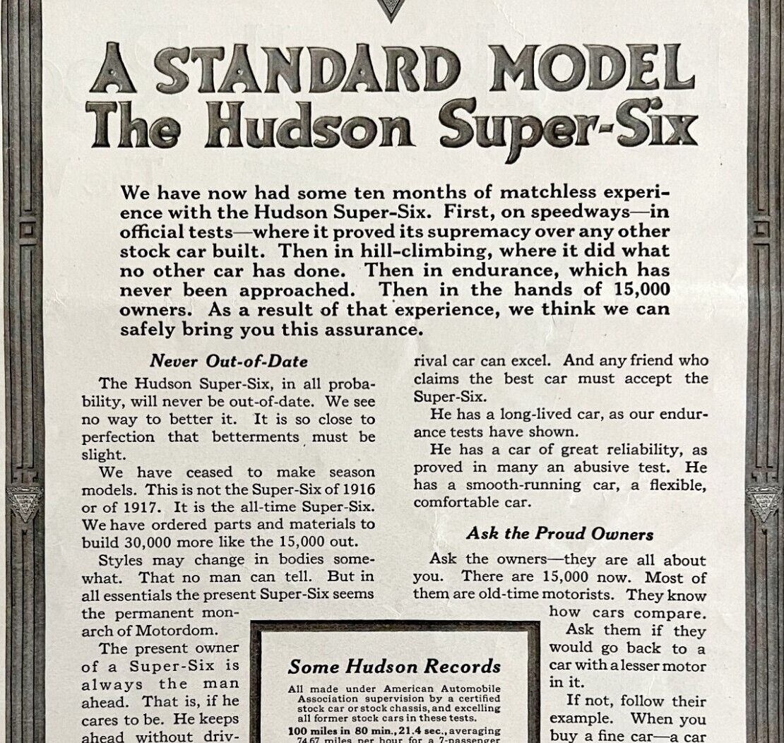 1916 Hudson Motors Standard Super Six Advertisement Automobilia Ephemera DWMYC3