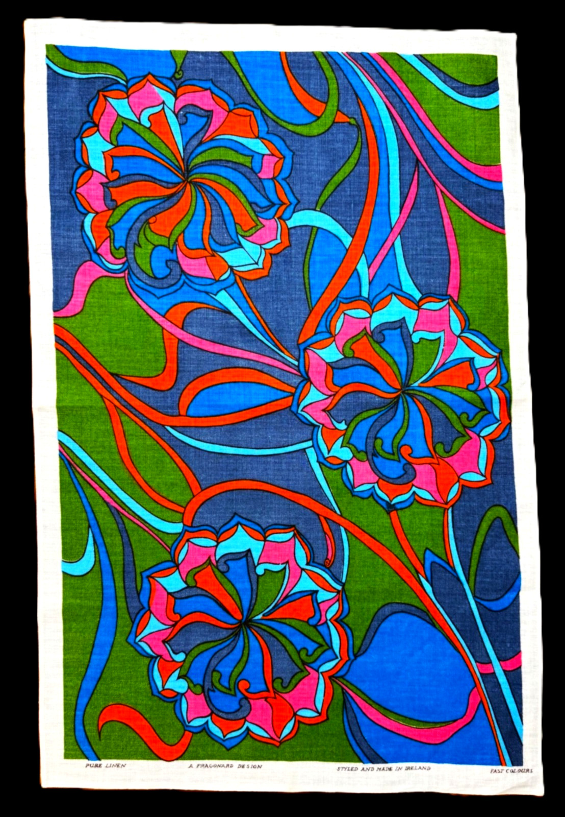 NWOT 60s Irish FRAGONARD Linen Tea Towel MOD FLORAL