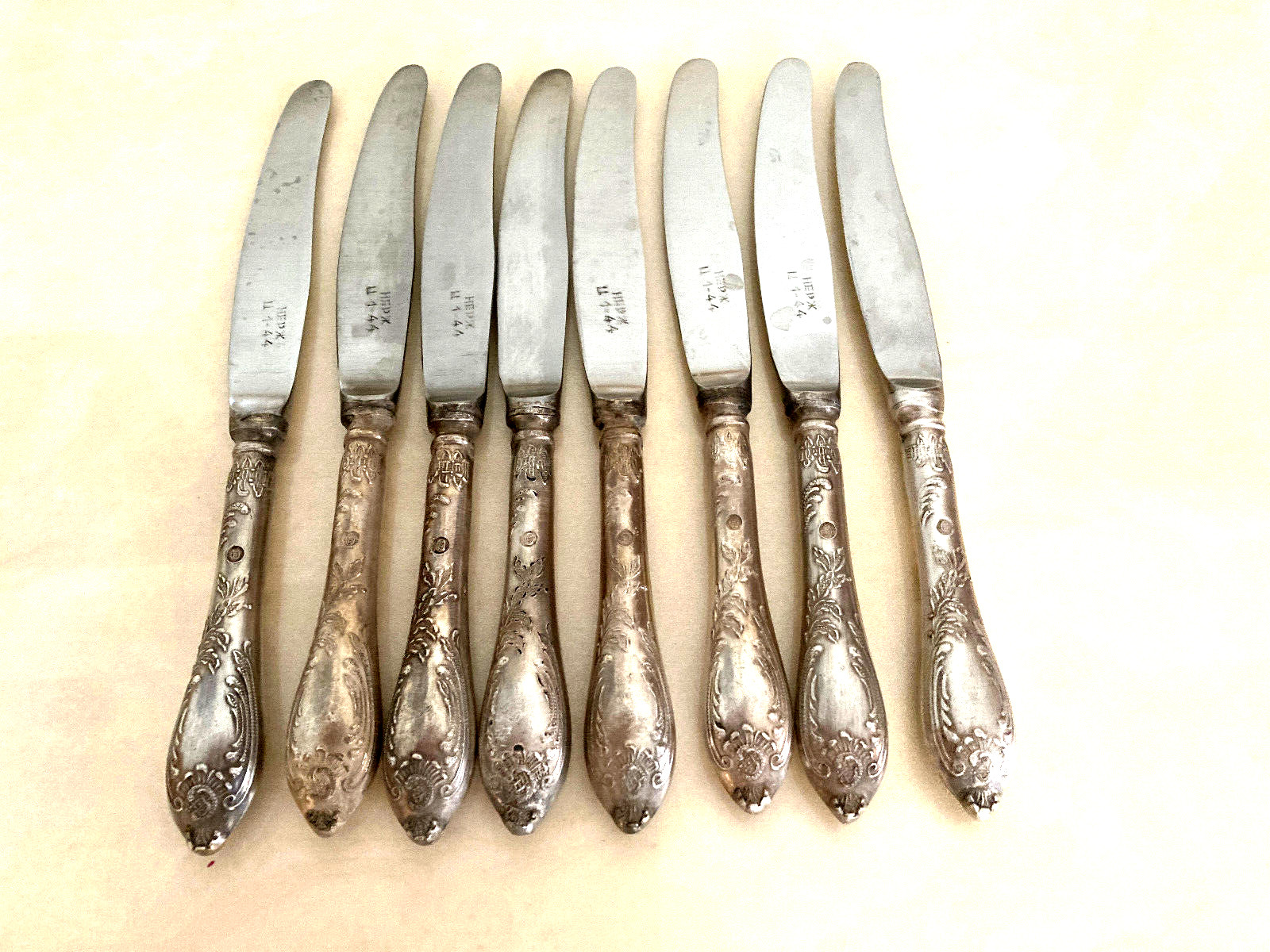 VTG 8 Pcs Soviet Russian Silver Plated Cupronickel Melchior Salad Knives 8.5\