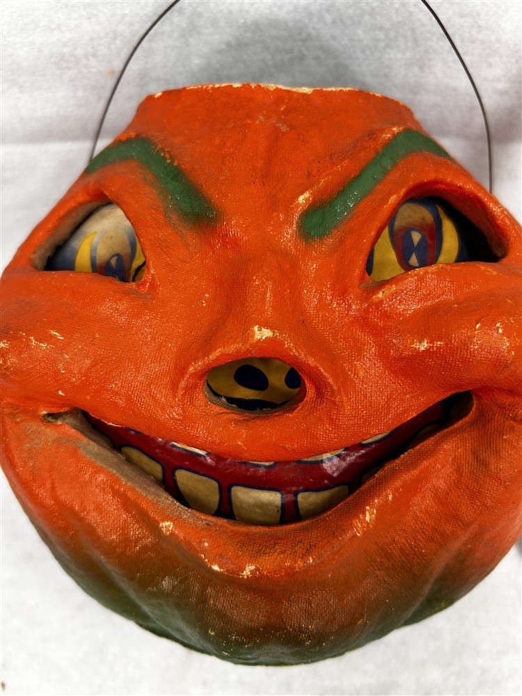 antique paper mâché pumpkin 7.5 tall Halloween orange original paper face 1940