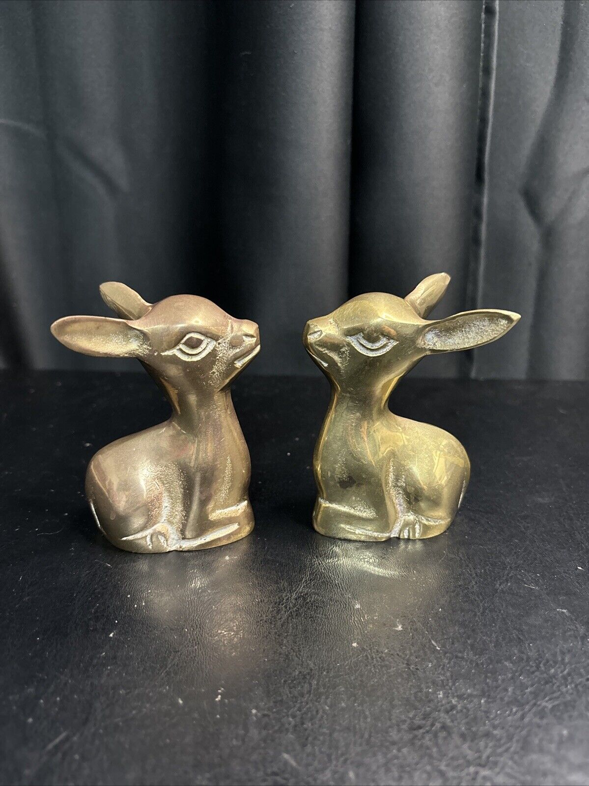 2 Vintage Solid Brass Fawn, Baby Deer 3.5” Tall Weathered Slightly