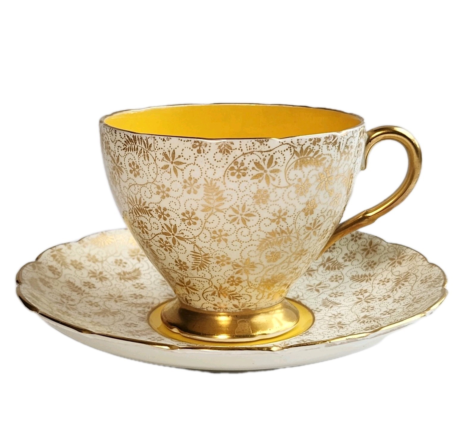 RARE Vintage Foley Bone China Porcelain Teacup & Saucer Gold Leaves & Flowers