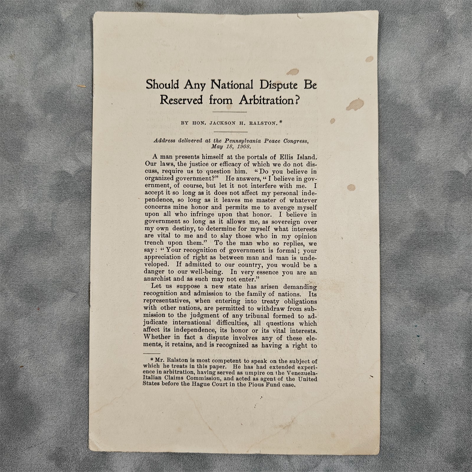 1908 Peace Pamphlet: Should Any National Dispute Be Reserved from Arbitration?