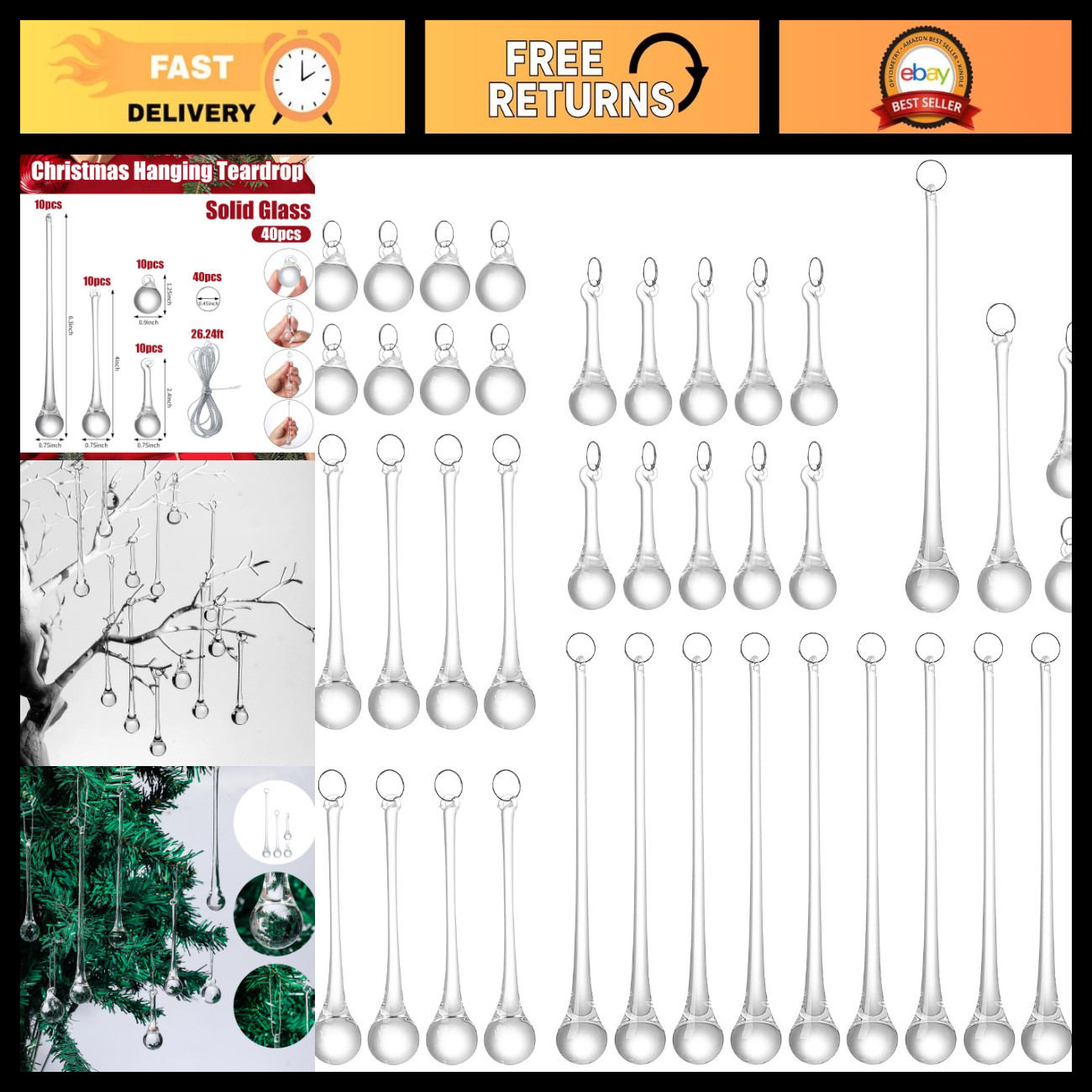 40pcs Clear Crystal Glass Teardrop Ornaments for Christmas Tree & Chandelier Dec 40pcs Clear Crystal Glass Teardrop Ornaments for Christmas Tree & Chandelier Dec