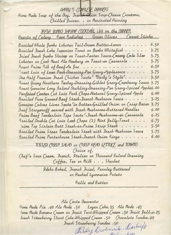Darby\'s Restaurant Menu Milwaukee Wisconsin Signed