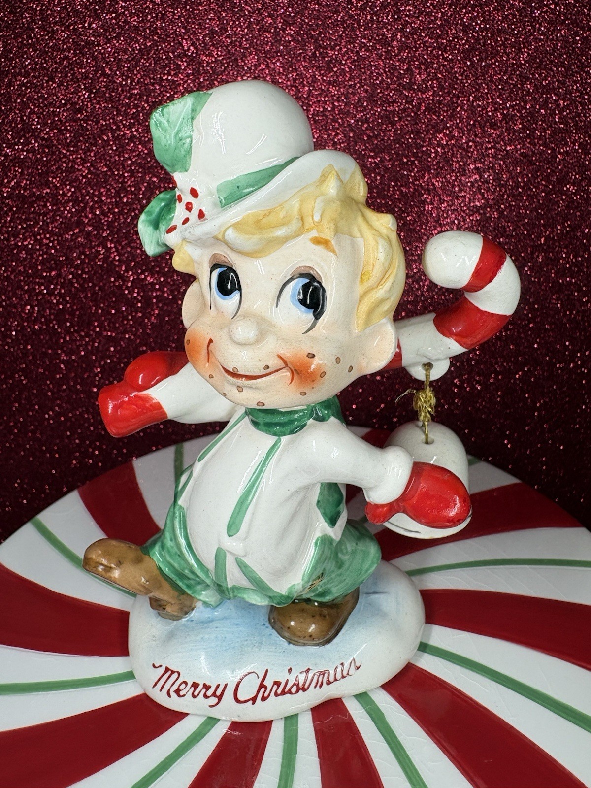 Vtg Kreiss Boy Walking W Candy Cane & Small Merry Christmas Bell Figurine Japan Vtg Kreiss Boy Walking W Candy Cane & Small Merry Christmas Bell Figurine Japan