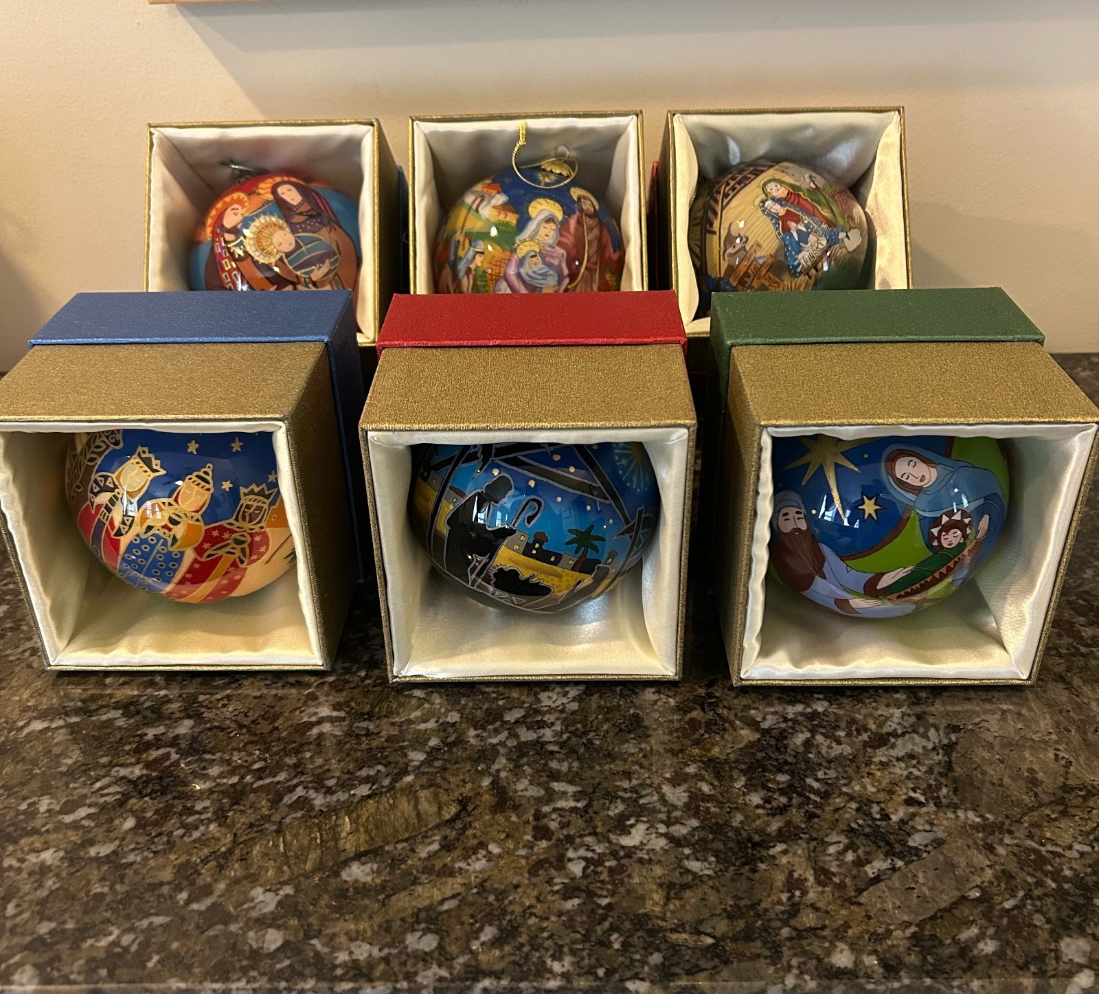 Lot of 6 Pier 1 Li Bien Reverse Painted Glass Christmas Ornaments Nativity Boxed