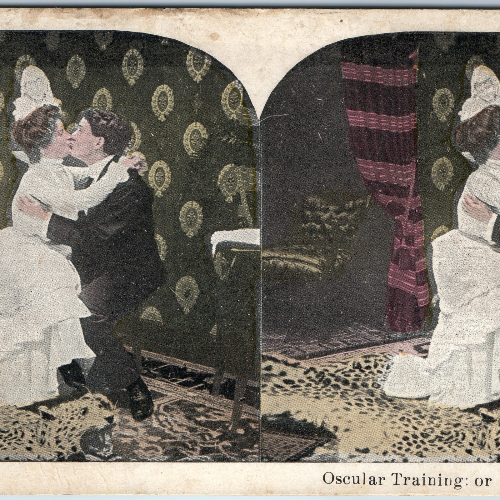 c1900s Romance Scene Kiss Couple Victorian Parlor Interior Stereoview Print V10