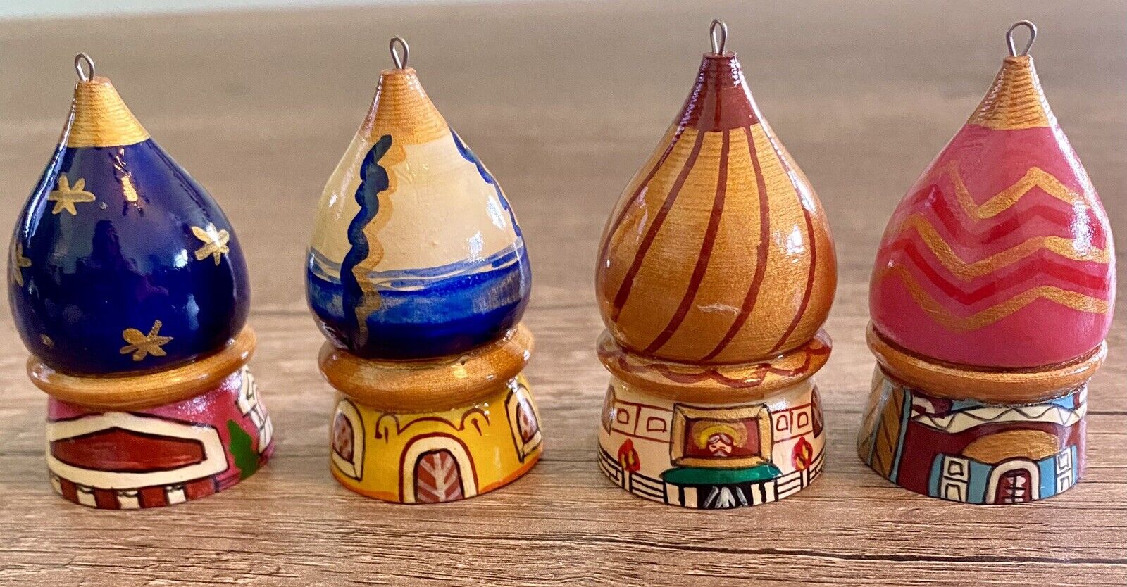 4 Russian Christmas Ornaments Hand Crafted Wood Dome Shaped Cathedrals, 2.3”
