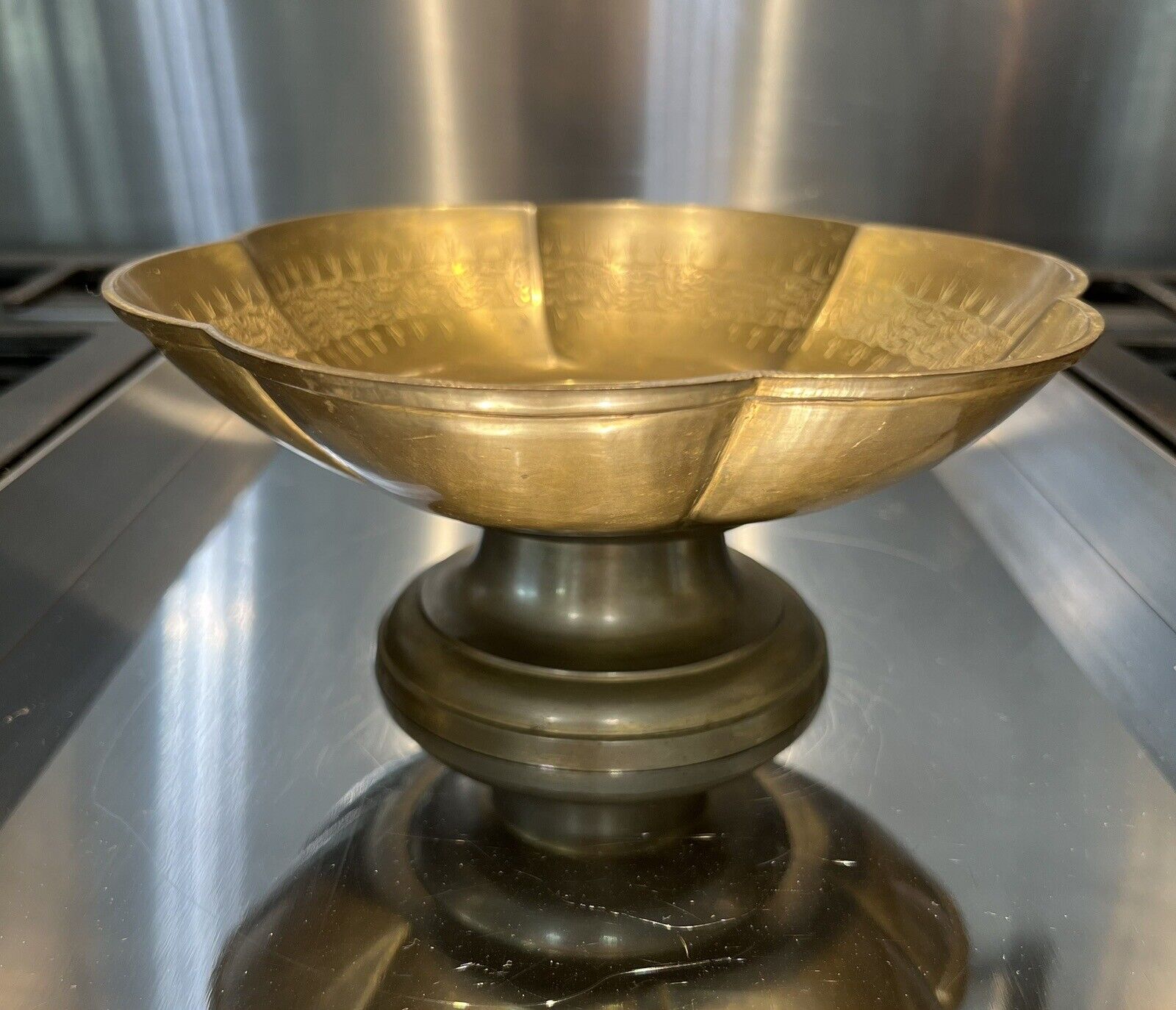 vintage mid century brass Etched pedestal Scalloped Edge Bowl