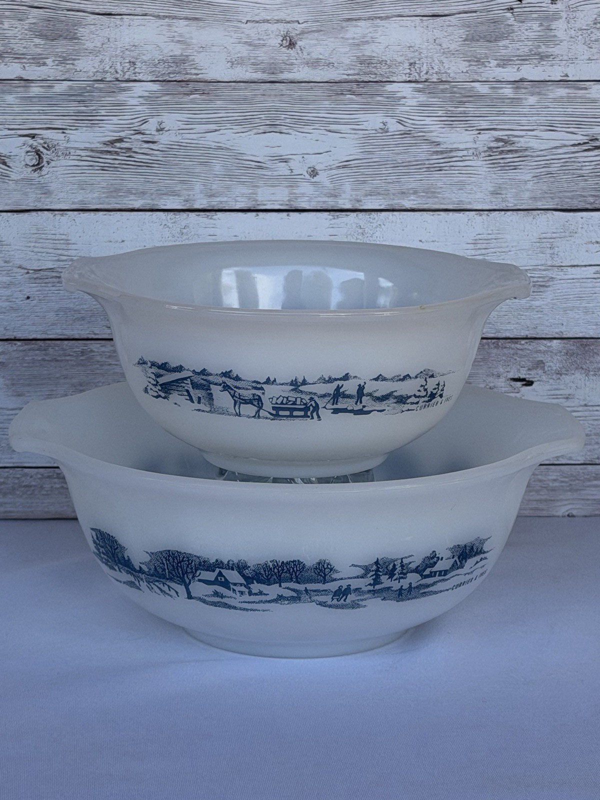 Vintage Glasbake Currier & Ives Milk Glass Mixing Bowls Set J-2354 J-2355