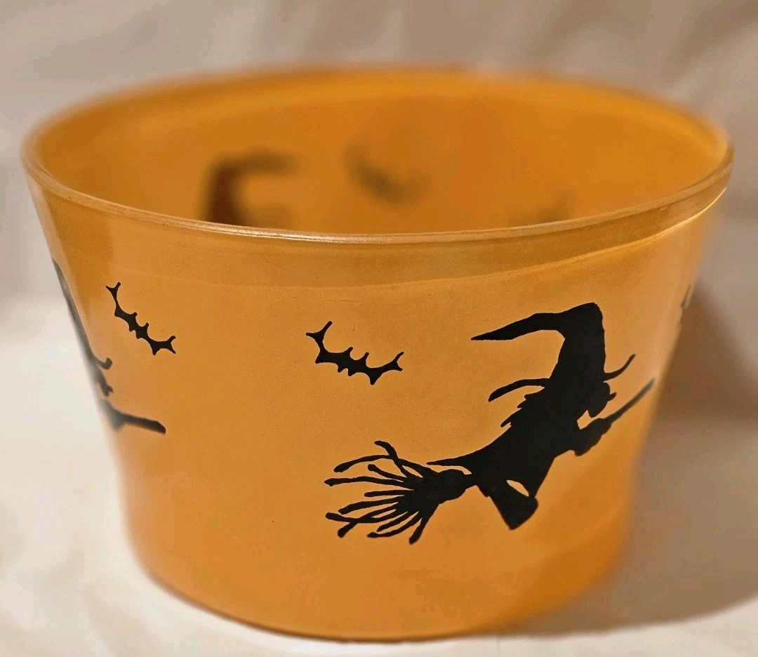 Vtg Hazel Atlas Glass HALLOWEEN CANDY BOWL ICE BUCKET Witch Broom Orange CRACKED