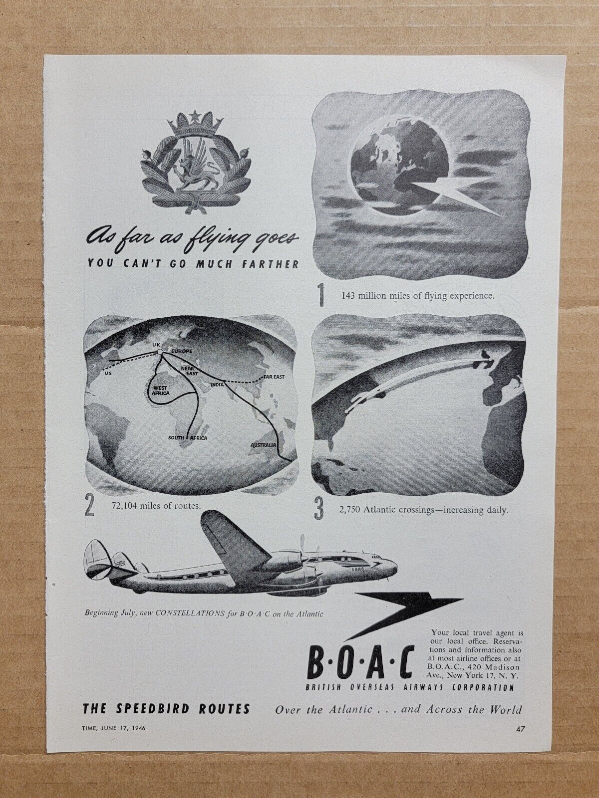 VINTAGE 1946 Print Ad Advertisement British Overseas Airway Corporation BOAC WW2