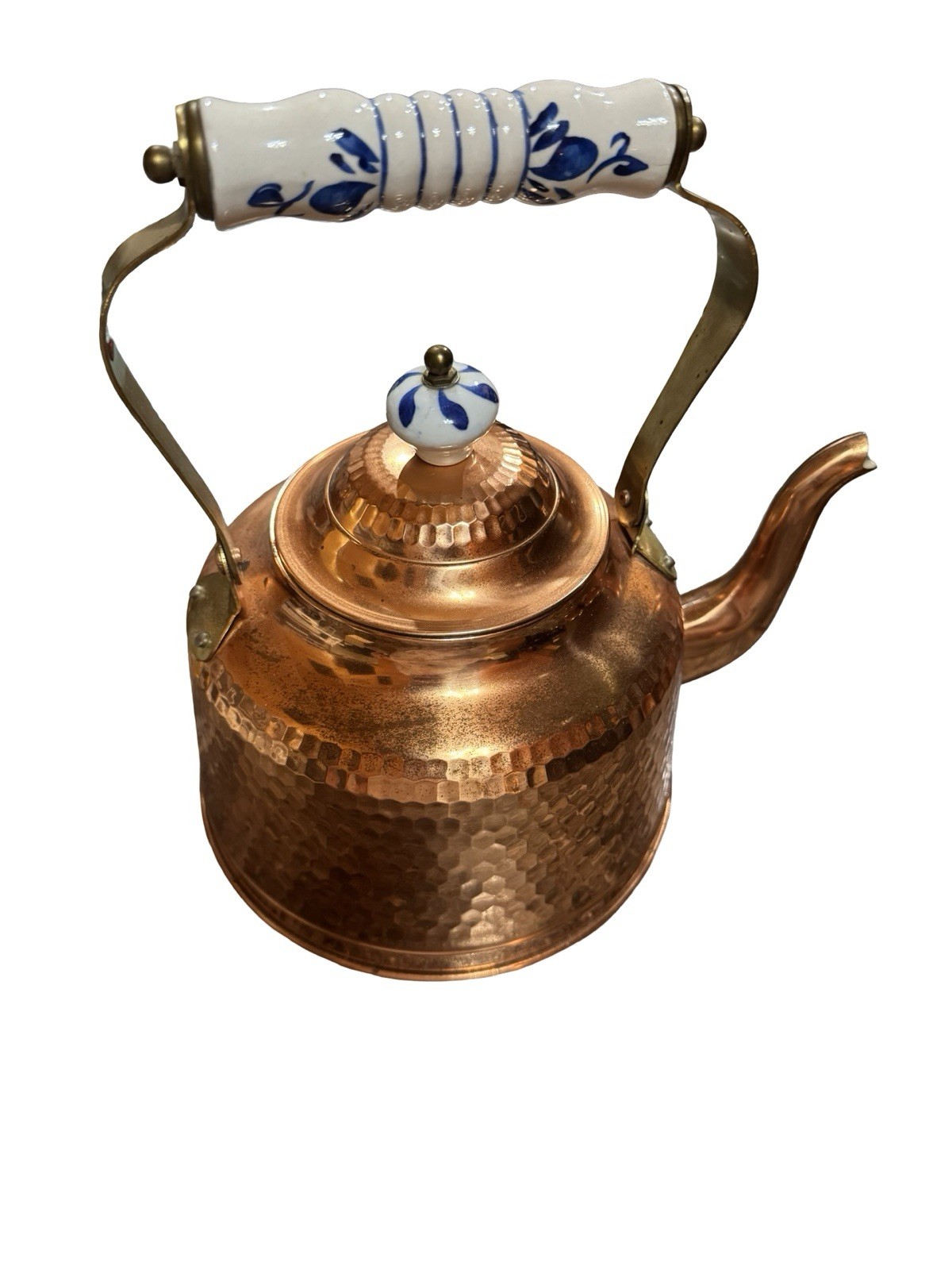 Vintage Solid Copper Tea Kettle Hammered Blue White Porcelain Handle Old World