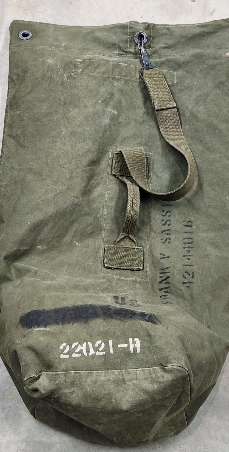 VTG 1944 WWII US Army M-1943 Canvas Duffel Bag Named Frank Sassi Stenciled US