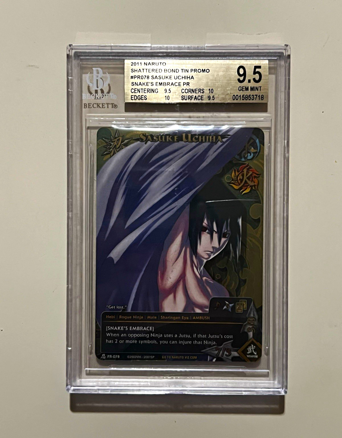 Naruto 2011 Shattered Bond Tin Promo PR-078 Sasuke Uchiha BGS 9.5