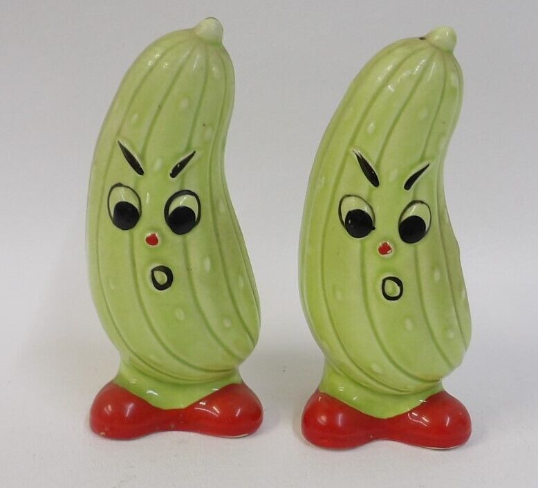 Vintage Japan Anthropomorphic Cucumber Pickles on Feet Salt Pepper Shakers