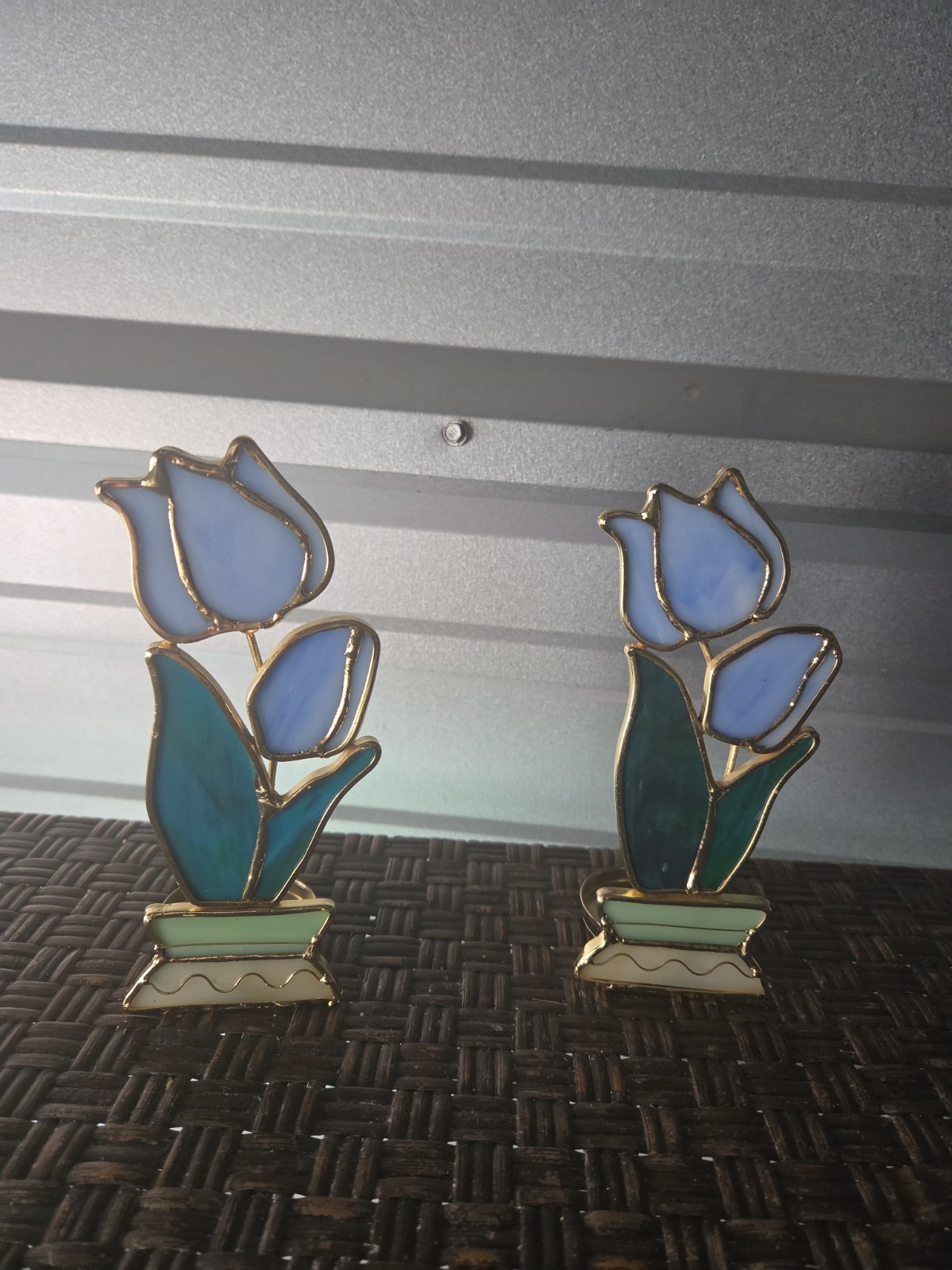 Two stained glass tulip candle holders brass