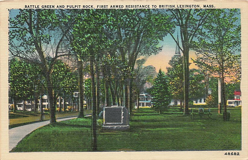 Postcard MA: Battle Green & Pulpit Rock, Lexington, Massachusetts Linen Postcard MA: Battle Green & Pulpit Rock, Lexington, Massachusetts Linen