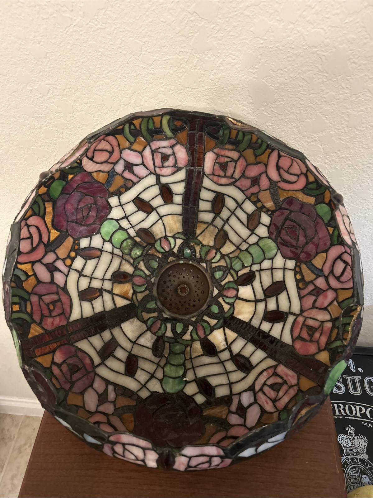 Tiffany Style Stained Glass Lamp Shade 16” Floral Rose Replacement Shade As Is