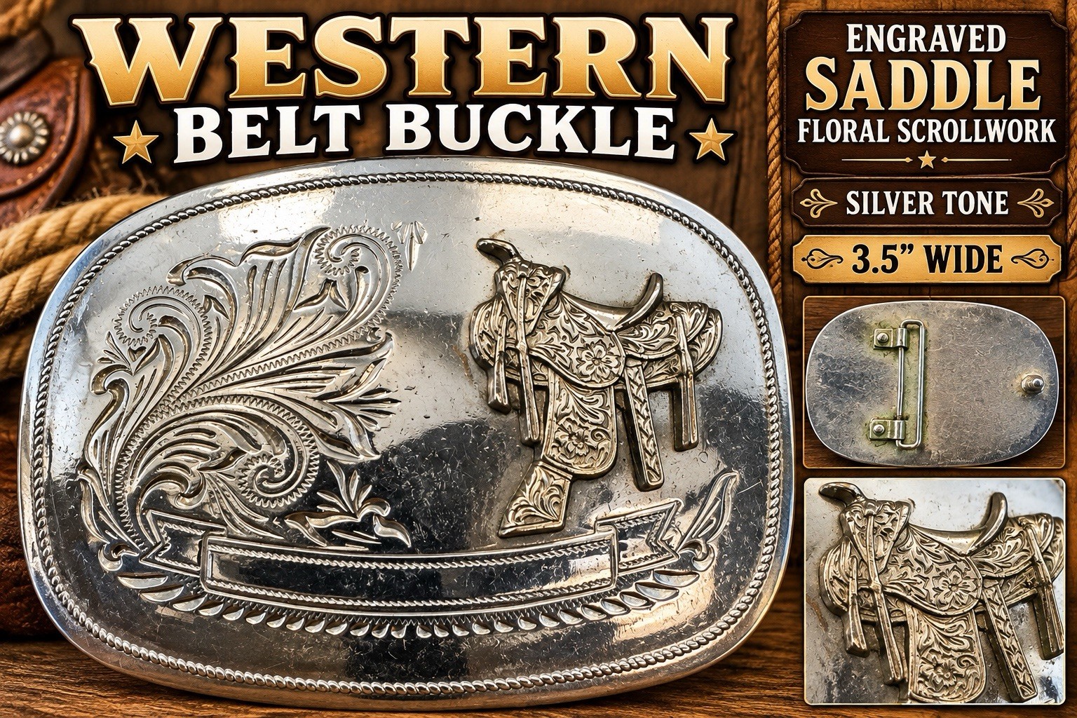 VTG Western Cowboy Belt Buckle Engraved Saddle Floral Scroll Silver Tone 3.75”