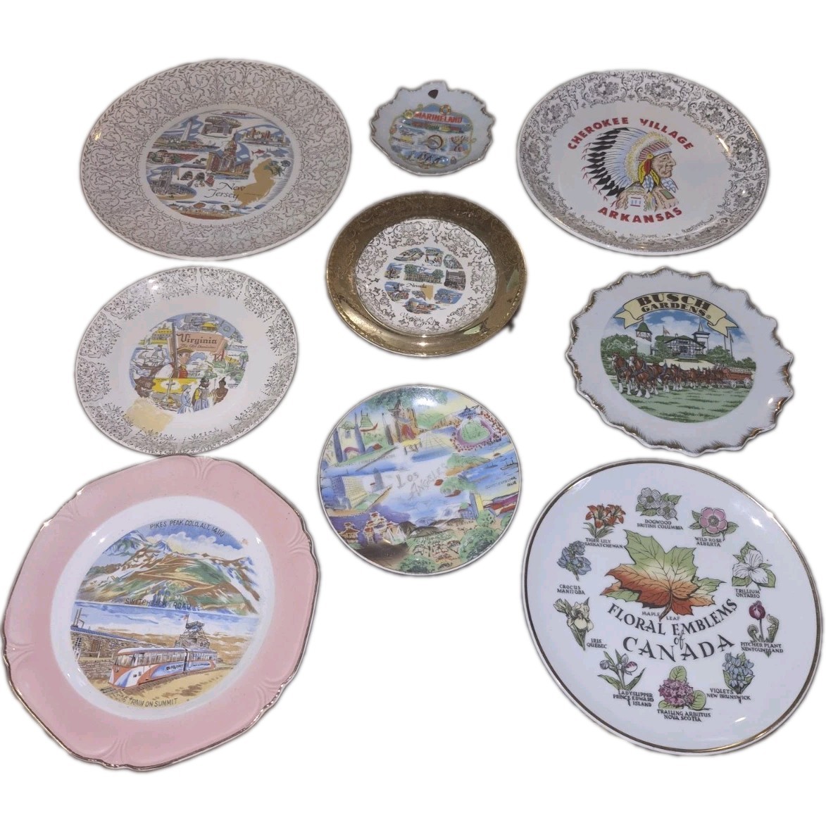 Lot of 9 Vintage State Souvenir Collector Plates Bush Gardens Canada Las Angeles