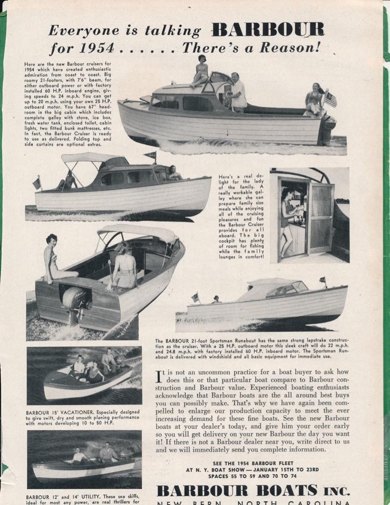 Magazine Ad - 1954 - Barbour Boats - New Bern, NC