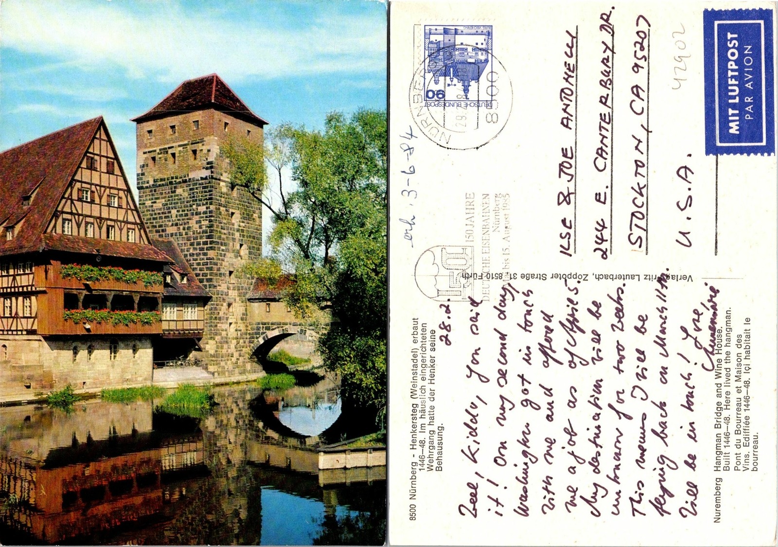 Nuremberg Germany Handman Bridge and Wine House Postcard Used (42902)